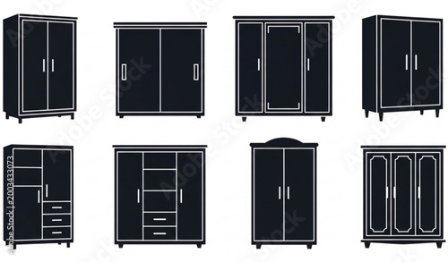 Black wardrobe almirah silhouette collection with furniture storage vector icons