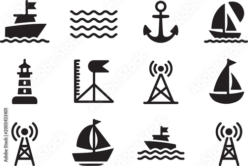 Nautical and maritime navigation icons, boats, lighthouse, anchor, waves, and communication towers, vector set.