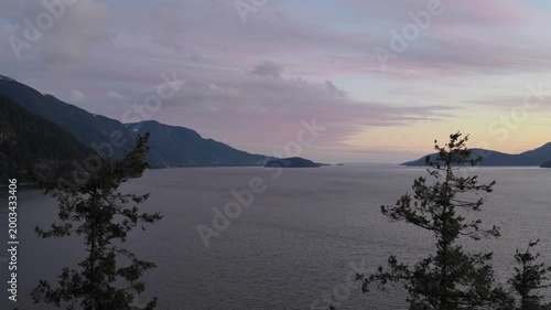 Peaceful Sunset View of Howe Sound from the Sea to Sky Highway, British Columbia
