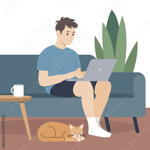 A guy is sitting on the couch working on a laptop, working remotely, and his cat is lying on the floor