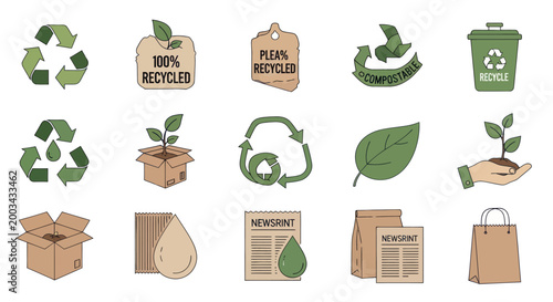 Eco-Friendly Icons Set: Recycle, Compost, Green Energy, Sustainable Materials