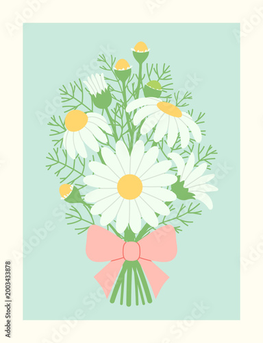 Chamomile, bouquet of daisies, floral decor. Flowers decorated with a pink bow. Vector illustration, flat style.