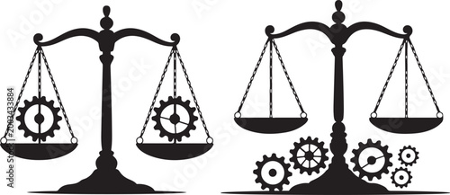 Industrial gears scales of justice and balance symbols representing equality and mechanical engineering concepts on transparent background.