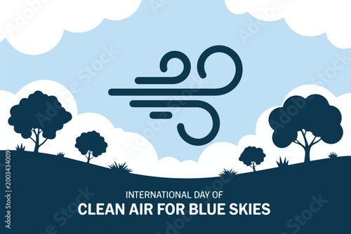 International day of clean air for blue skies poster with wind icon and silhouette trees on rolling hills landscape background.
