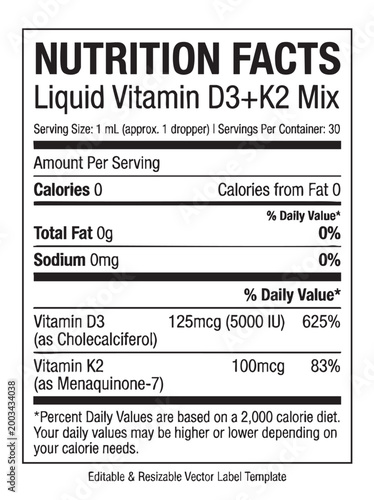Liquid vitamin D3 plus K2 mix label