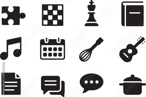 Hobby and leisure activities icons collection including musical instruments board games cooking tools and communication symbols set.