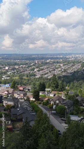 Aerial Panorama of Burnaby, British Columbia: Residential Neighborhoods with Vancouver Cityscape in the Distance