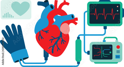 Medical cardiac monitoring concept with human heart organ connected to digital hospital equipment for healthcare heart beat display.