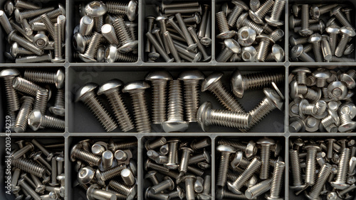 Photography Organized screws and bolts in plastic box