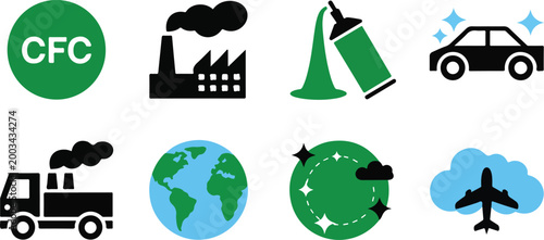 Industrial pollution icons featuring smoke stacks factory chimneys chemical spray cans smog transport vehicles and global awareness.