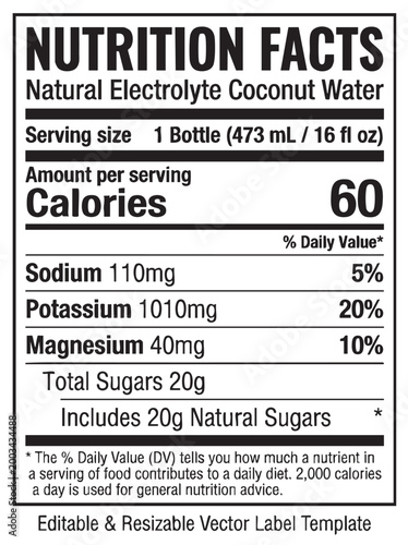 Natural electrolyte coconut water bottle label