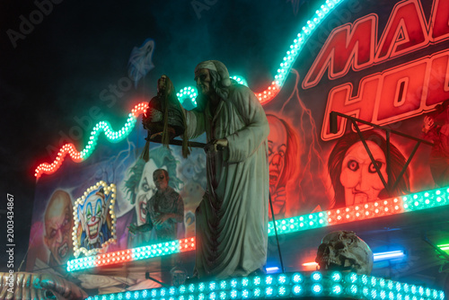 Obraz na plátne Haunted house at night in amusement park Prague Czech Republic Europe glowing ho