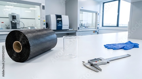 Materials laboratory workbench with carbon fiber roll, calipers, and safety gear