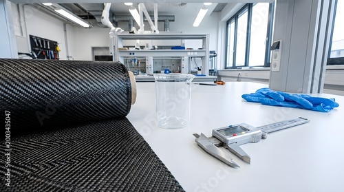 Carbon fiber materials laboratory workbench with calipers and safety gear