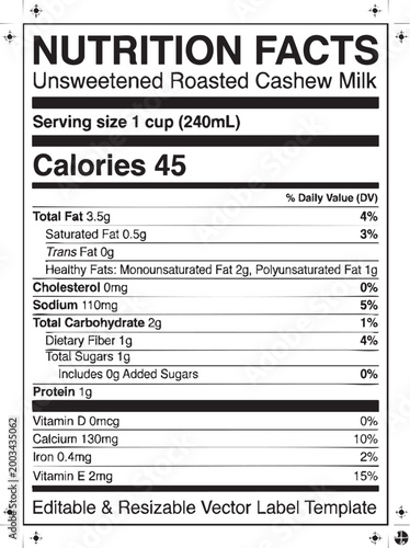 Unsweetened cashew milk nutrition facts label