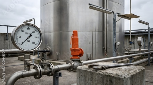 Industrial pipes and valves with pressure gauge outdoors