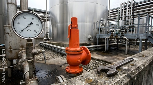 Industrial valve and pressure gauge in a factory setting