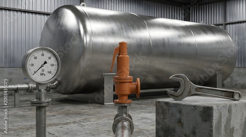 industrial pressure gauge on large stainless steel storage tank in factory setting