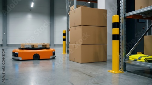 Autonomous warehouse robot navigating stacked boxes and shelves