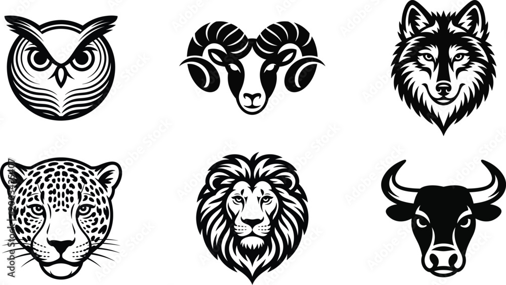 Obraz premium Minimalist vector illustration featuring six distinct wild animal heads including an owl, ram, wolf, leopard, lion, and a bull.