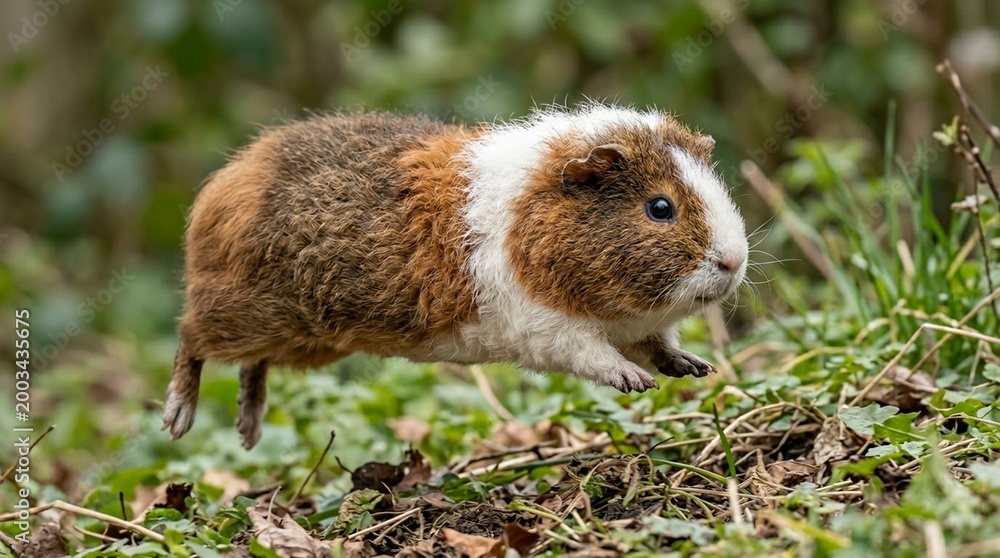 Fototapeta premium Guinea Pig Peruvian, Adult Long Silky Coat Flowing Overhead Flat Lay Candid Behavioural Shot Mid-Action Unposed Soft, Overcast, Outdoor Dusk Twilight Blue-Purple Ambient Soft Tones