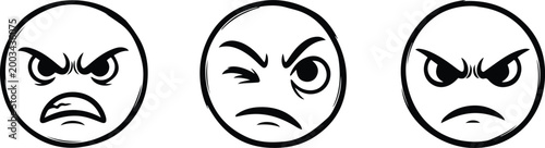 Three angry faces with different expressions in a row vector illustration