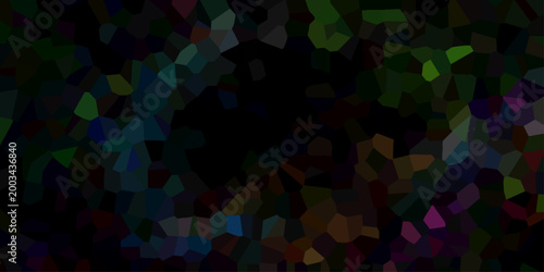 Deep dark abstract mosaic with scattered colorful polygons and a central black void for dynamic visual compositions