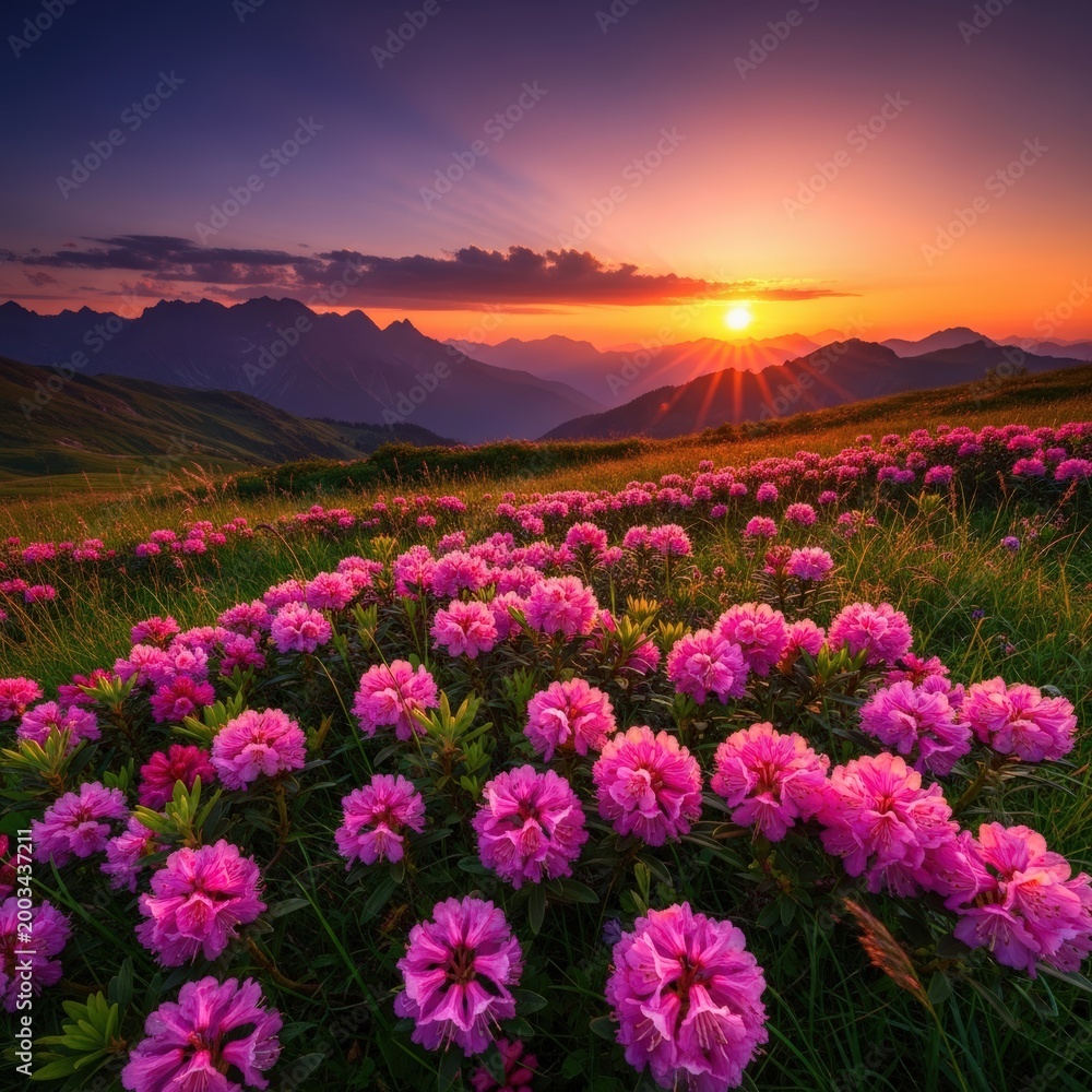 Obraz premium Vibrant pink rhododendron flowers in a mountain meadow at sunset with golden sunlight