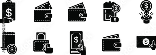 Black and white money icons set