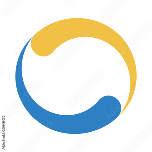 Abstract circular swirl logo, dynamic balance, yellow blue curved design