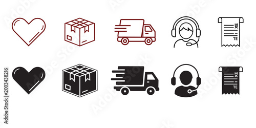 E-commerce and logistics line and solid icon set featuring delivery truck, package, and customer support.