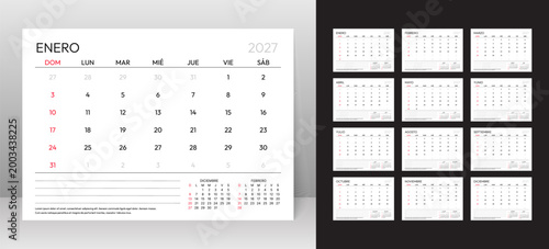 Calendar 2027 year. Spanish planner template. Week starts Sunday. Calender layout. Yearly corporate organizer. Desk schedule grid. Vector simple illustration. Horizontal monthly diary with 12 month