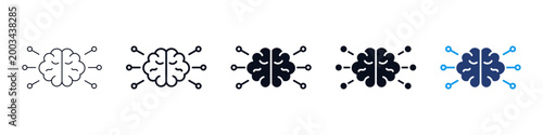Brain Artificial Intelligence AI neural network icon set ; Human brain icon set with neural connections in outline and solid styles, representing artificial intelligence and machine learning