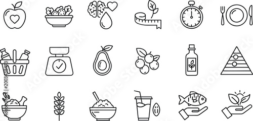Healthy nutrition and diet line icon set featuring organic food symbols for balanced meals weight loss wellness and fitness lifestyle vector illustration.
