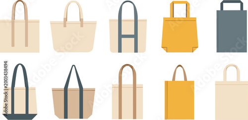 Tote Bag and Reusable Shopping Bag Vector Set Featuring Various Minimalist Styles in Cotton Canvas and Fabric Materials for Eco-Friendly Retail Designs Isolated on White Background