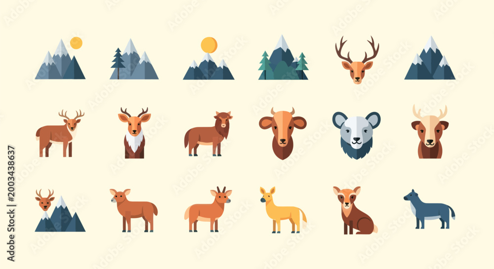 Fototapeta premium Stylized mountain and animal icon collection