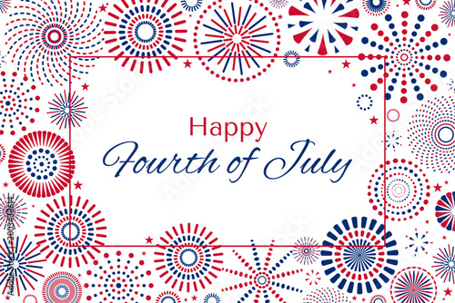 Fourth of July blue, red fireworks display illustration on transparent background. USA Independence Day, July 4th, United States of America holiday banner, border, frame, design element. Flat vector