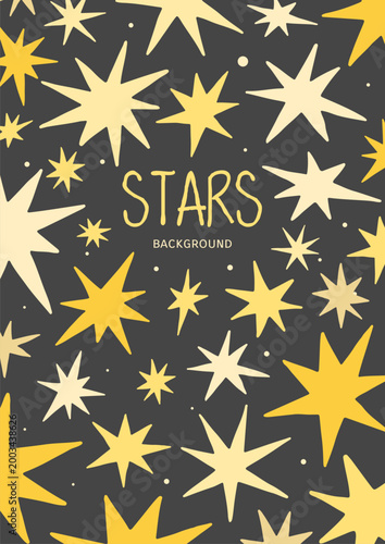 Golden stars, starry sky on dark background. New Year, Christmas, birthday, space design element, decorative backdrop, texture. Hand drawn flat vector illustration