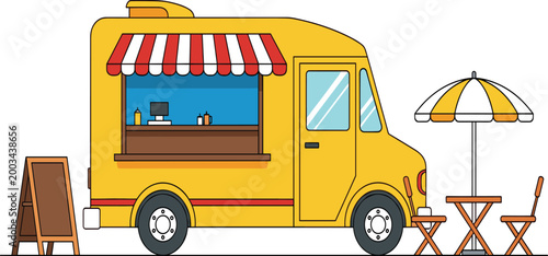 Illustration of a Bright Yellow Food Truck with Umbrella Seating Area for Outdoor Dining and Mobile Food Service Designs