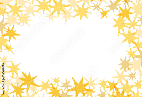 Golden stars, starry sky frame, border with copy space on transparent background. New Year, Christmas, birthday, space design element, decorative backdrop, texture. Hand drawn flat vector illustration