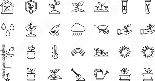 Set of Line Icons Representing Plant Growth, Environmental Factors, and Gardening Tools for Eco and Nature Designs