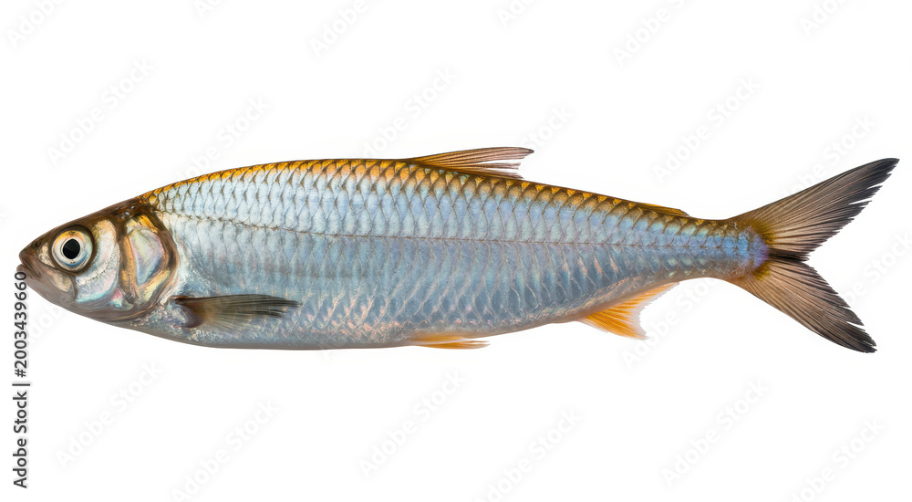 Fototapeta premium Single fresh silver fish with shiny scales and fins isolated on a plain white background view
