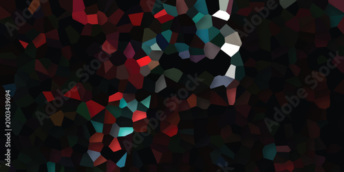 Dynamic abstract mosaic with sharp geometric polygons in deep red teal and white against a dark background offering a vibrant and energetic visual for digital art and design