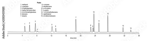 Chromatogram of methanol, pentane, methylpentane, butyl, ether, benzene, toluene, nonane, xylene, naphtalene
