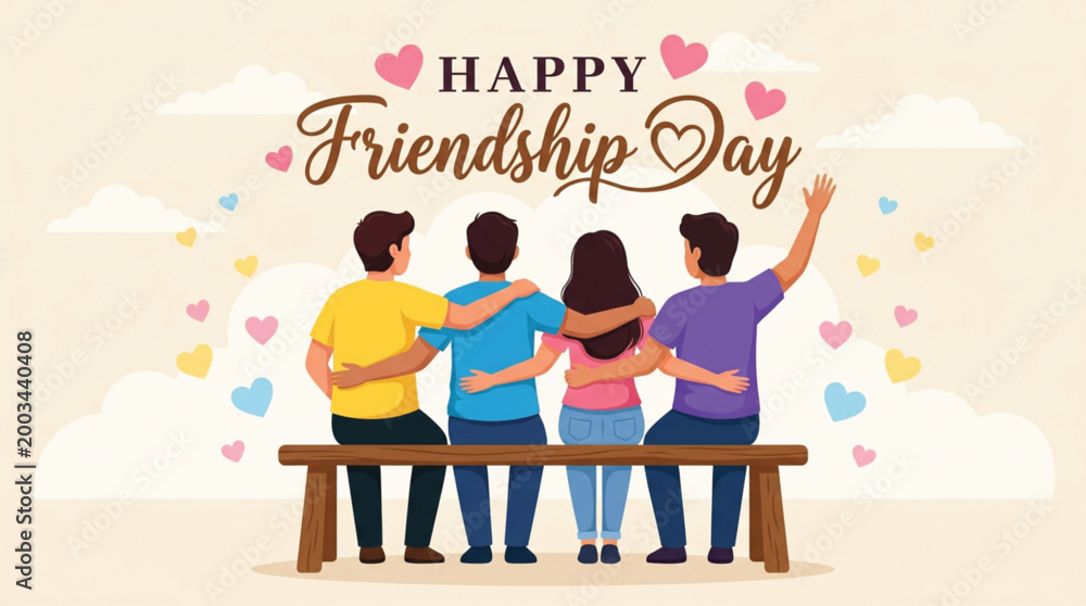 Obraz premium Group of friends sitting on wooden bench with arms around each other for happy friendship day vector illustration.