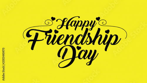 Happy friendship day cursive lettering with small hearts on bright yellow background vector illustration.