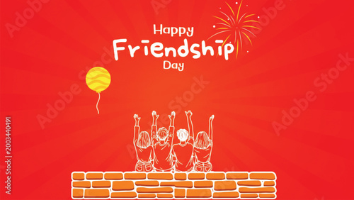 Friends sitting on brick wall with fireworks and balloon for happy friendship day vector illustration.