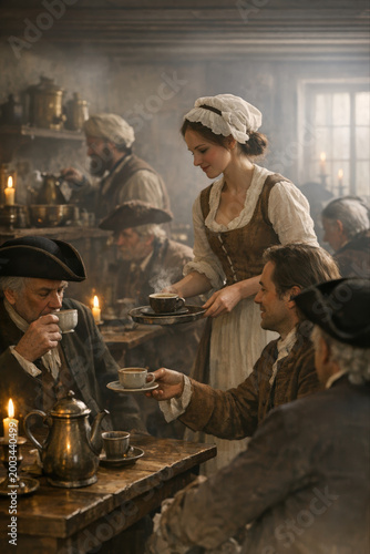 Colonial tavern maid serving hot beverages to patrons in atmospheric 18th century coffeehouse with candlelight and period costumes.