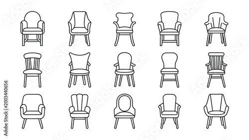Keywords black and white line collection of twelve different wooden chairs isolated on white background