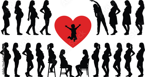 Pregnancy silhouette mother child heart illustration family love motherhood stages prenatal postnatal parent baby care vector artwork design